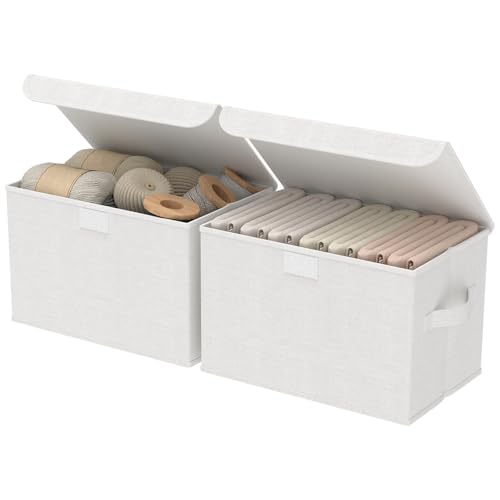 GUOHNHE Lot de 2 Boîtes de Rangement, avec Couvercle, Pliable de avec 2 Poignées, pour Chambre à Coucher, Armoire, Etagère, 26 x 20 x 17 cm, Blanc, XSNY12WS-2
