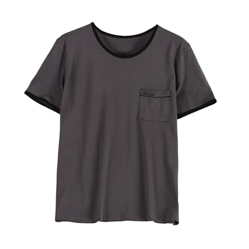 Men Cotton Loungewear Shirts, Loose Comfy Short Sleeve Crewneck Sleep Tops Casual Breathable Pajama Tees with Pockets