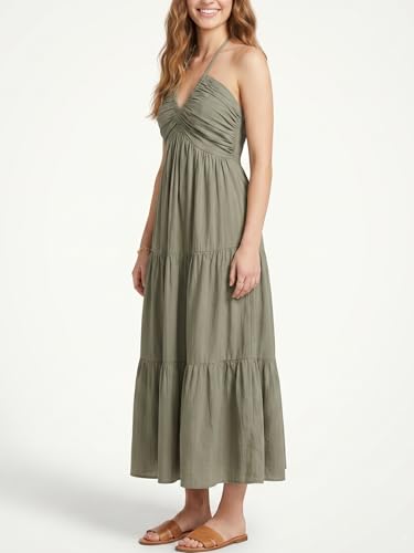 Image of Women's Casual Halter Tiered Vacation Maxi Dress with Pockets