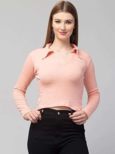 Image of Ribbed Polo Collar Full Sleeves Tops for Women