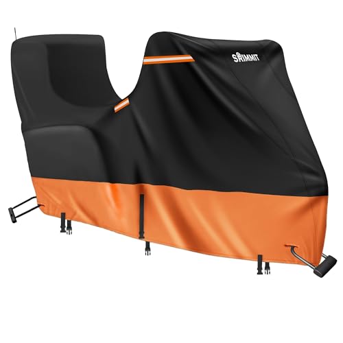 Image of Touring Motorcycle Cover with Side+Top Box,420D Waterproof Motorbike Cover, 5 Reflective Strips,Air Vents,3 Windproof Buckles,Antenna Zipper, Outdoor Protection(118 inch x 44 inch x 56 inch Black & Orange)