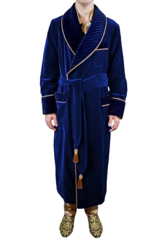 Men's Quilted Shawl Lapel Blazer for Prom Velvet Long Smoking Jacket with Belt Wedding Double Breasted Cigar Robe