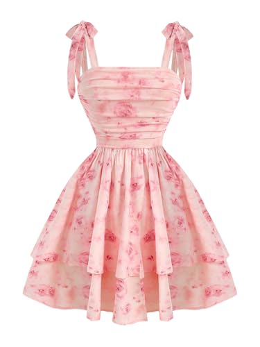 Floerns Girl's Floral A Line Dress Sleeveless Tie Shoulder Layered Ruffle Hem Short Dresses