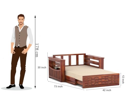Image of Sheesham Wooden 2 Seater Sofa Cum Bed with Mattresses for Home Living Room | Rosewood 2 Seater Sofa Cums Bed for Bedroom Without Pillow | Solid Wood Sofa Bed (Honey D, 2 Seater)
