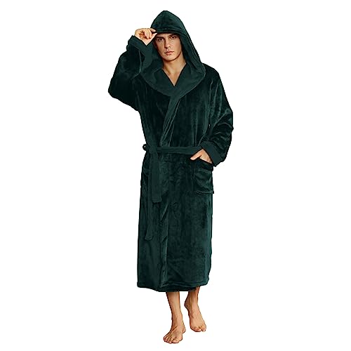 U2SKIIN Mens Fleece Hooded Robe Plush Bathrobe (Dark Green, L/XL)