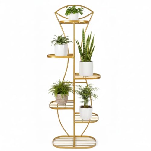 Image of Designer Metal Plant Stand for Living Room | Decorative Leaf Shape Flower Pot Stand | Indoor Outdoor Planter Rack | Modern Plant Holder for Balcony, Home Decor | Gold