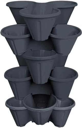 Muddy Hands 6 x Strawberry Planter Trio Stacking Stackable Outdoor Garden Flower Herb Plastic Plant Pot (Grey)