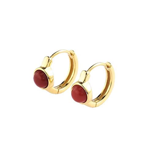 Clip de Oreja de Plata Esterlina Hoop Plated Gold South Red Agate Pendientes de Bola de Estilo Antiguo Retro Estilo Japonés Y Coreano de Lavado de Orejas-Nefrito, LZHRD, ágata roja dorada del Sur,