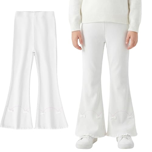 FILOWA Leggings Acampanados para Niñas Algodón Bootcut Elásticos Pantalones Acampanados Largos Campana Pantalón Cintura Alta Mallas Yoga Ocio Correr Carnaval para Infantiles 8-9 años, Blanco