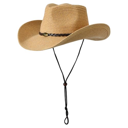 Western Straw Cowboy Hat for Women Beach Sun Hat for Men Wide Brim Fedora Hat Cowgirl Hats Summer Panama Hat (Brown 02)