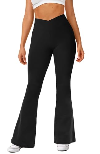 Navneet Women Flared Leggings Flare Trousers High Waisted Yoga Pants with Pockets Workout Leggings Pilates Outfits Fall Black M