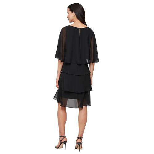 Image of S.L. Fashions Women's Tiered Chiffon Cocktail Party Dress with Attached Cape & Beaded Shoulders (Petite and Regular Sizes)