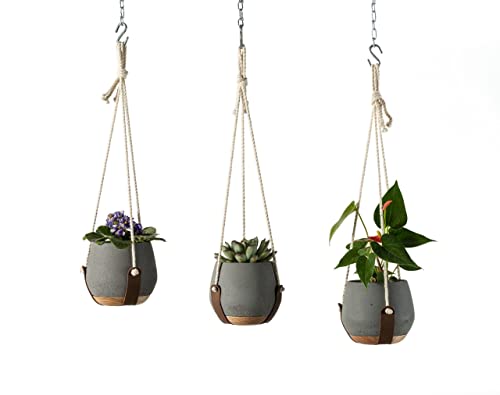 Alternative Function Plant Hangers Pot In Grey | Premium Concrete Planter Basket With Solid Oak Wood Base | Flower Pot Holder With Leather & Cotton Rope | Indoor Hanging Planter For Home & Room Décor #TOP1