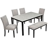WZONICE98 6-Piece Dining Table Set with Bench, Modern Dining Room Table with Concrete-Effect Top and 4 Upholstered Chairs, Rubber Wood Kitchen Table Set for 6 Grey Black for Restaurant Waterproof