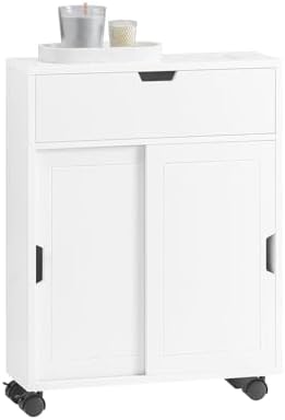 SoBuy Bathroom Cabinet Storage Shelf with Wheels, Next to Toilet Storage Cabinet, Slim Toilet Paper Holder for Narrow Space,White, BZR31-W