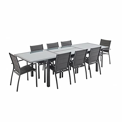 sweeek Alice's Garden - Table de Jardin Extensible Aluminium + 8 assises Gris Anthracite - Table en Aluminium 200/300cm. Plateau de Verre. rallonge et 8...