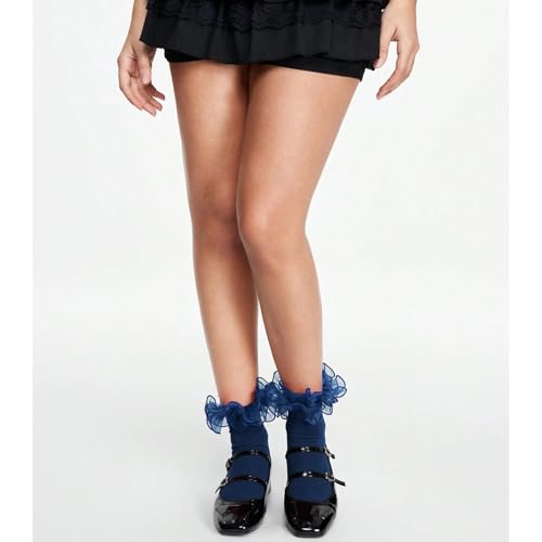 Image of Women Big Ruffle Ankle Socks Adult Double Lace Frilly Turn Cuff Dress Socks Cotton Cute Fancy Bobby Crew Socks