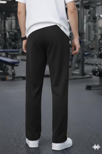 Image of Mack Jonney Men's Track Pants with Neon Yellow Side Stripe | Regular Fit Gym & Sports Lower | Activewear Training Joggers with Drawstring-M7961