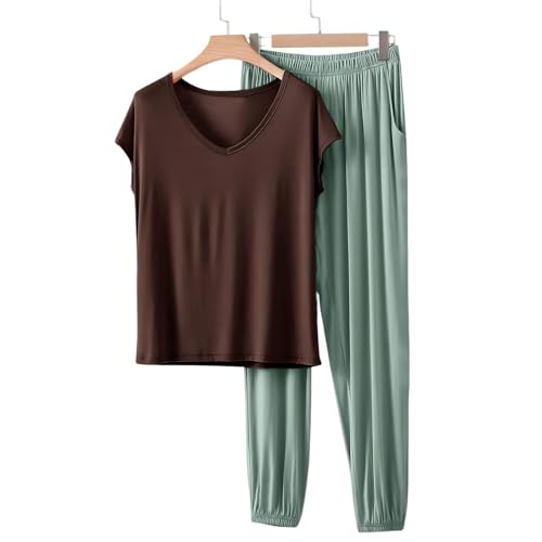 Image of HGps8w Women's Modal Soft Summer Pajamas Sets, Loose V Neck Short Sleeve Top Joggers Pants Matching 2 Piece Lounge Outfits