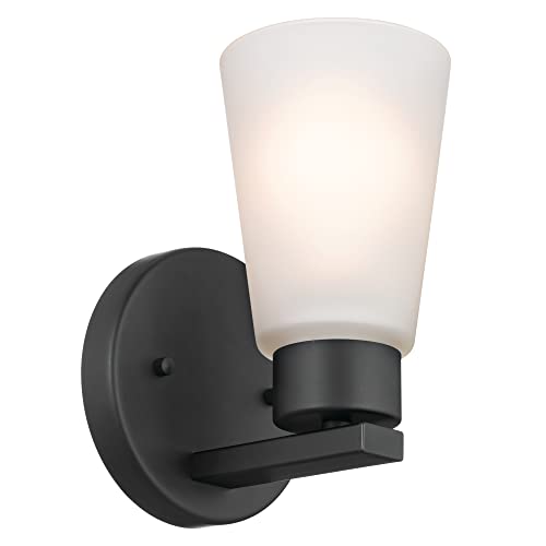 Image of Kichler Stamos Wall Sconce 1-Light with Satin Etched Glass, Modern Bathroom or Hallway Light in Black, (8 inch H x 5 inch W x 6 inch D)