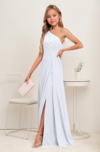 Junior Bridesmaid Dresses One Shoulder Chiffon Flower Girl Dress for Teen Girls Long Party Pageant Gowns White Size 82