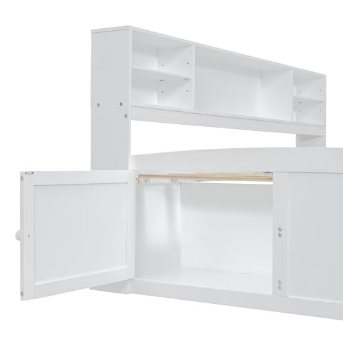 BOVZA-Full-Size-Wood-Captain-Bed-with-Storage-Drawers-and-Bookcase-Headboard-Wooden-Full-Daybed-Frame-with-2-Bedside-Cabinets-and-Upper-Shelves-for-Kids-Teens-Adults-White BOVZA Full Size Wood Captain Bed with Storage Drawers and Bookcase Headboard Wooden Full Daybed Frame with 2 Bedside Cabinets and Upper Shelves for Kids Teens Adults White