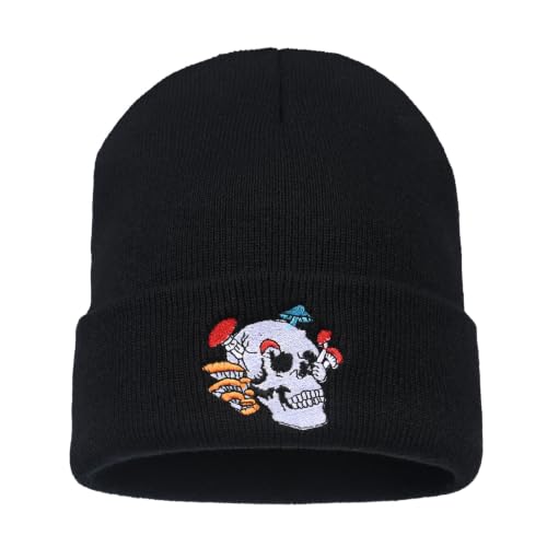 Image of Embroidered Skeleton Beanie Hat Winter Stretch Knit Skull Cap for Men Women