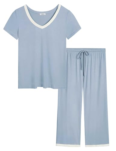 Joyaria Hot Flashes PJs/Pajama Set for Women Light Weight Cooling Moisture Wicking Sleep Wear for All Seasons (Dusty Blue, X-Large)