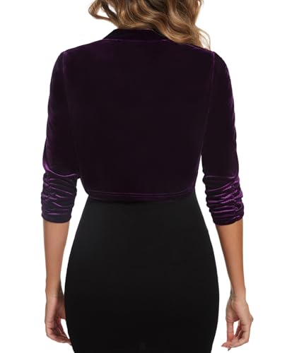 Image of MINTLIMIT Women's Velvet Bolero Shrug Top Ruched 3 /4 Sleeve Open Front Cocktail Party Cropped Cardigan for Dress