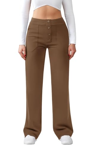 Friptspyg Hose Damen Hohe Taille Weite Hose Knopf Gerades Bein Hose Casual Arbeit Hose Stretch Yogahose mit Taschen, Braun M
