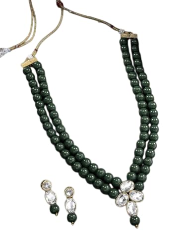 Juego de joyas Kundan en latón noble DMZ-2011 S con chapado en oro y gemas verdes