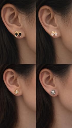 Image of 12 Pairs Stud Earrings Set for Women & Girls | Pearl, Bow, Flower & Square Designs Earrings Combo | Lightweight, Skin Friendly Daily Wear Jewelry