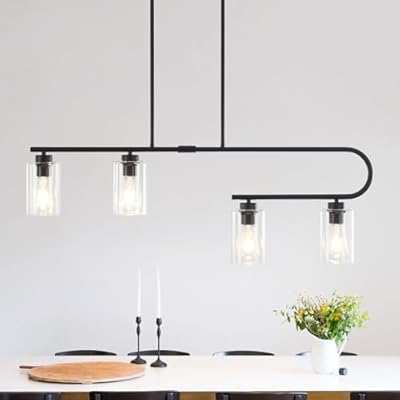 HLJYNJM 39" Kitchen Island Pendant Light, 4-Light Linear Glass Chandelier Light Fixture, Height Adjustable Black Chandelier for Dining Room Living Room Farmhouse