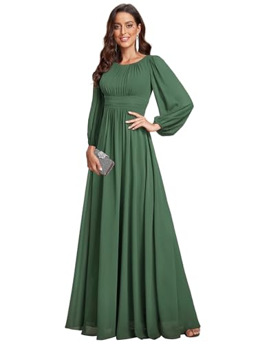 Ever-Pretty Damen Abendkleid Lang Elegant Maxi Hochzeit Lange Ärmel Chiffon Brautjungfernkleider Ballkleid Eukalyptus Grün 36