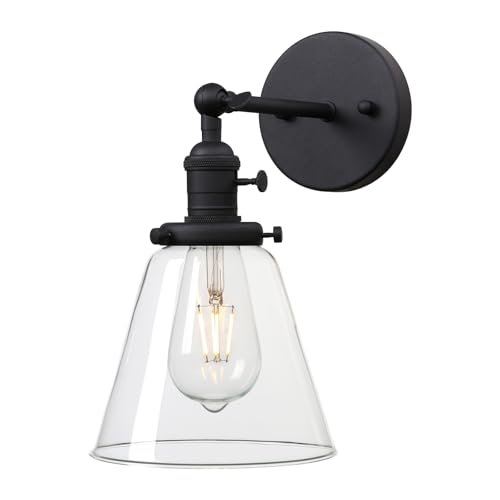 Image of PERMO Industrial Black Wall Sconce with On /Off Switch and Funnel Flared Clear Glass Shade for Living Room Bathroom Bedroom
