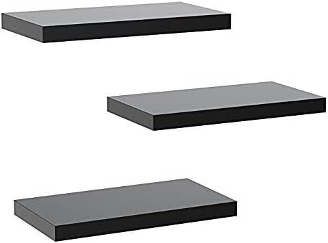 Amada Wall Mounted Floating Shelves with Invisible Brackets, 3 Sets, Modern Faux Wood Storage Shelves, Matte Finish, Perfect for Bedroom, Bathroom, Living Room and Kitchen Decoration, Black, AMFS07