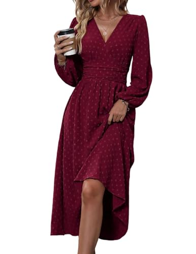 HUXRAKV Casual Wrap Dresses for Women UK Elegante Ladies V Neck Long Lantern Sleeve Ruffled Waist Maxi Party Dress,37-Red,S HUXRAKV Casual Wrap Dresses for Women UK Elegante Ladies V Neck Long Lantern Sleeve Ruffled Waist Maxi Party Dress,37-Red,S