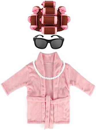 Adolala Newborn Photography Props 4 PCS Photoshoot Outfits with Toddler Bathrobe Crochet Baby Curler Hat Bead Necklace Round Glasses Costume Sets for Infant Boys Girls