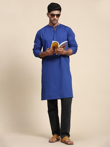 Image of Amazon Brand - Anarva Men's Cotton Solid Round Neck Kurta Long Sleeves Straight Knee Length Casual Shirt