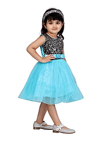 Image of MUHURATAM Girl's Net Fit and Flare Knee-Length Dress (FK-1001 Sky Blue 24)