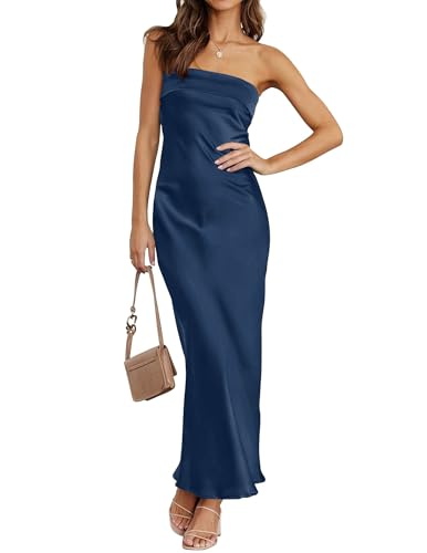Image of MEROKEETY Women's Summer Satin Strapless Bodycon Dress 2026 Backless Tube Wedding Guest Cocktail Formal Party Maxi Dresses
