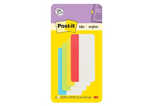 Post-it Tabs, 3 in, Solid, Assorted Primary Colors, 6 Tabs/Color, 4 Colors, 24 Tabs/Pack (686-ALYR3IN)
