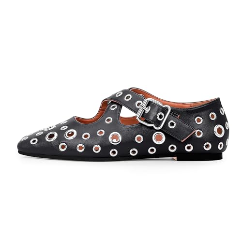 Women's Square Toe Ballet Flats Studded Grommet Cross Buckle Mary Jane Shoes 5