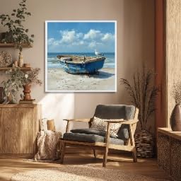 Affiche vintage de plage avec bateau bleu pour salon cosy