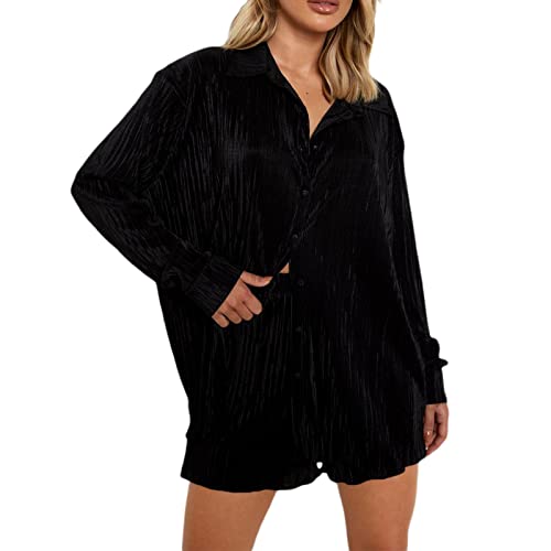 NUFIWI Women 2 Piece Pleated Pants Set Long Sleeve Button Down Shirt Blouse Top Wide Leg Pants Outfits Y2K Fashion Streetwear(Ruffle Black Small)