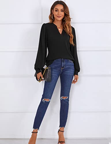 Bmjl Womens Work Blouse Dressy Business Casual Tops Long Lantern Sleeve V Neck Office Fall Shirt Black #TOP4