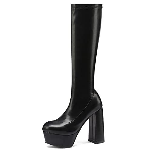Bottes genou Lizoleor femmes à enfiler avec plateforme et bout rond en tissu élastique noir