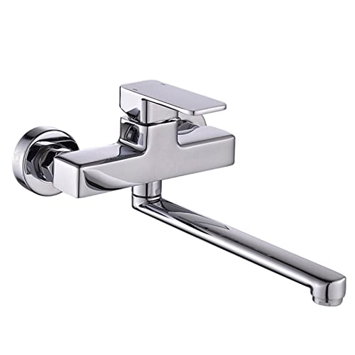 Grifo de cocina de pared cromado bimando de agua fría y caliente con caño giratorio de 40 cm