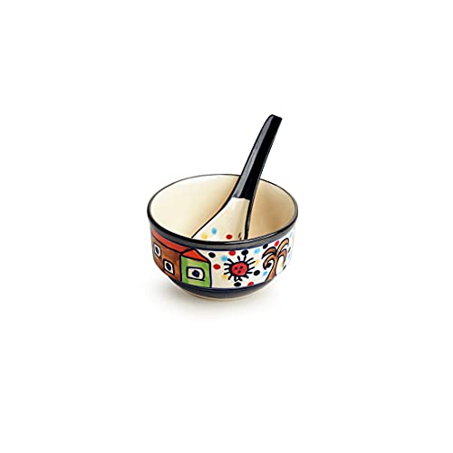 Image of ExclusiveLane 'Soupy Huts' Handpainted Ceramic Soup Bowl with Spoon Set of 2 (260 ML, Dishwasher & Microwave Safe Bowls) | Modern Soup Bowl Ceramic Bowl Set of 2 Soup Bowl Set for Kitchen
