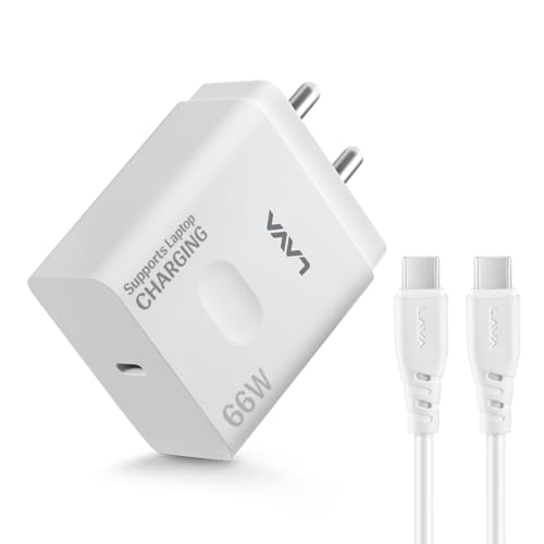 Image of Lava 66W Fast Wall Charger with PD Technology | Charging Compatible With Laptop, iPhone, Lava Agni 3, Samsung, MI, & All Android Devices | 6A Data Cable Inside Type C to C | Finger Hold Design (White)